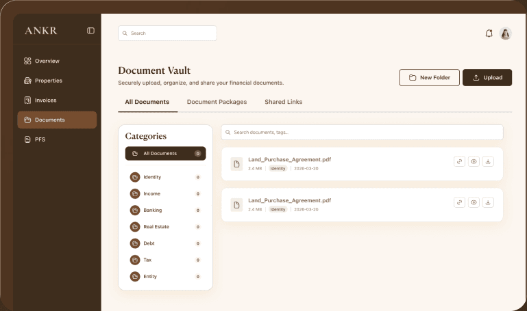 ANKR document vault with deal documents organized by property