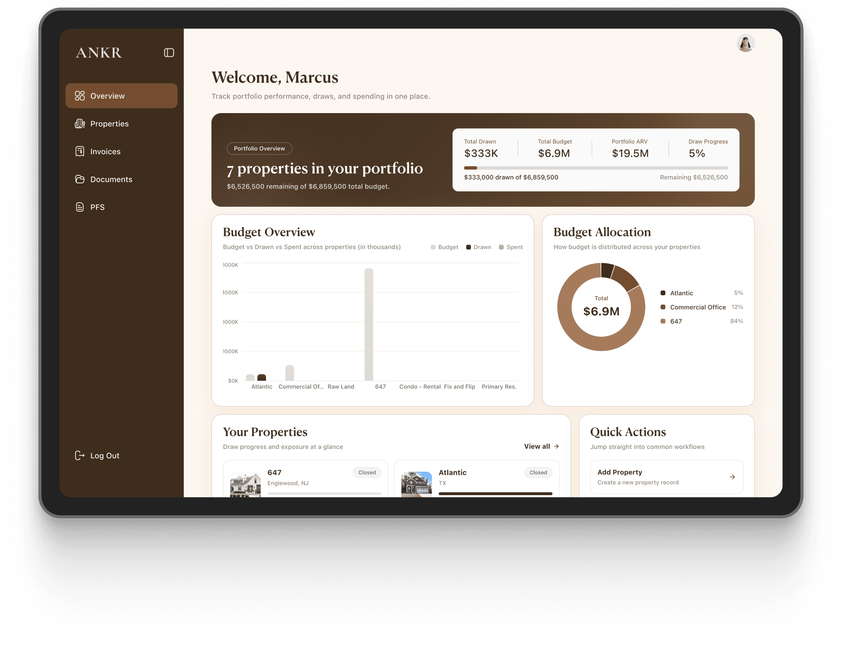 ANKR dashboard — properties, documents, and draw requests in one place