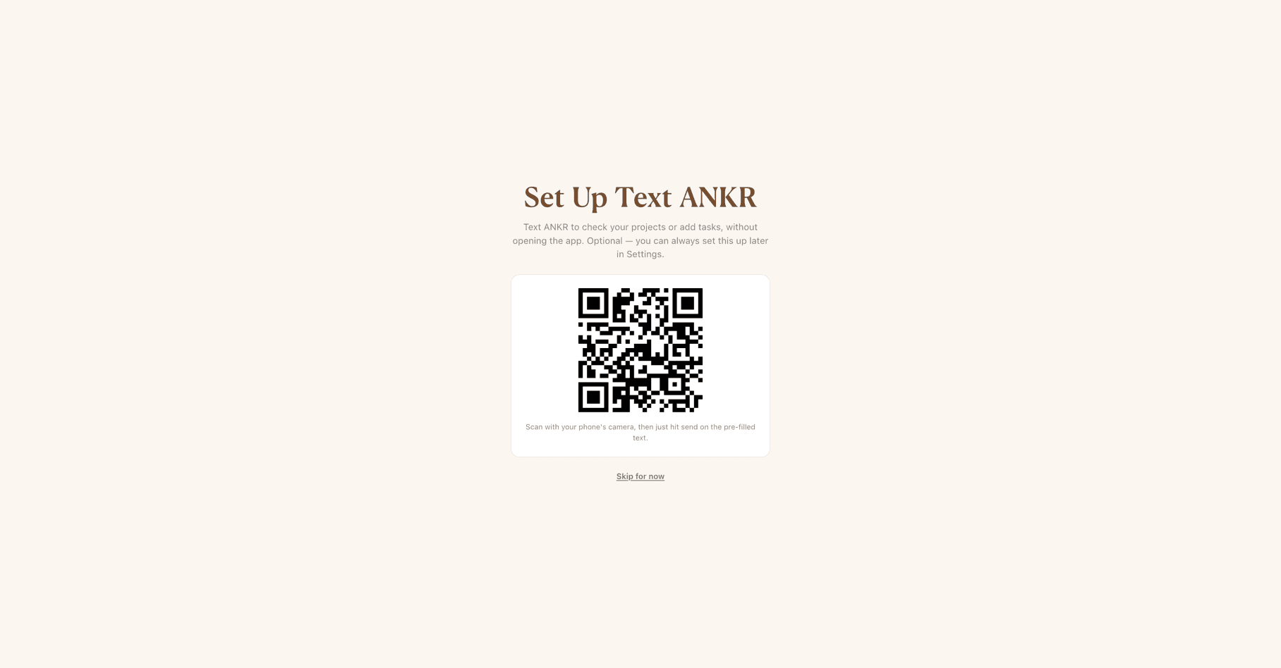 ANKR onboarding screen showing a QR code that opens the user's SMS app pre-addressed to the ANKR number to complete opt-in
