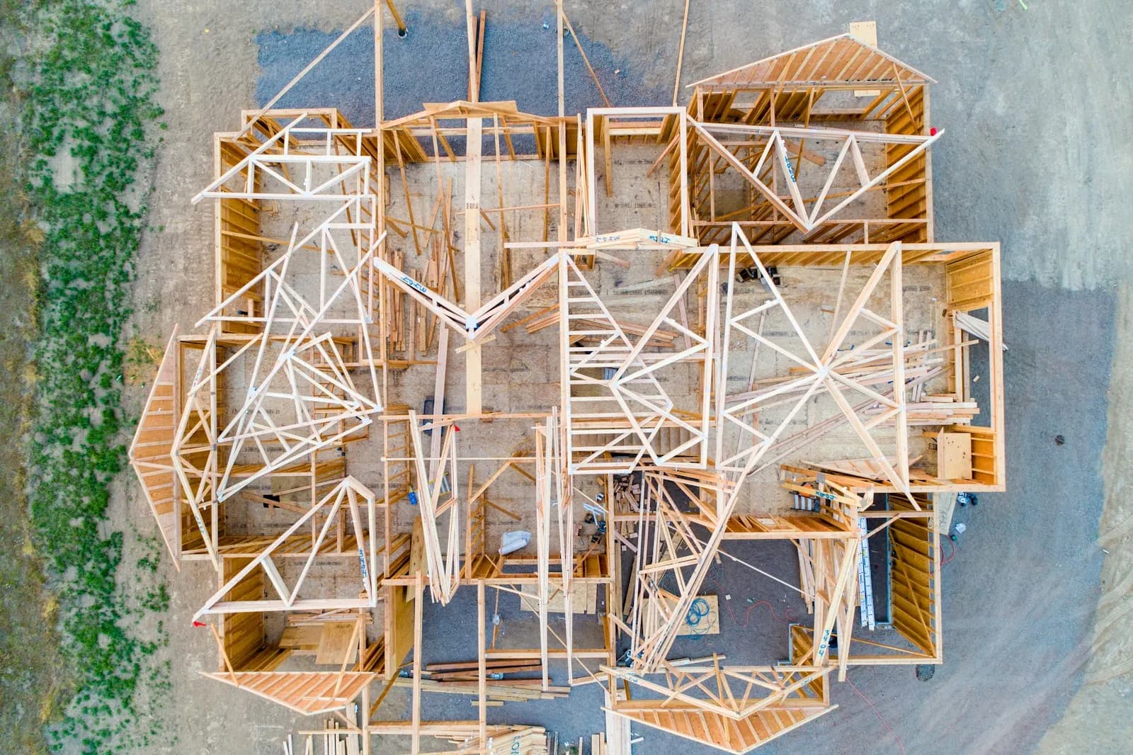Aerial view of a house frame and roof trusses