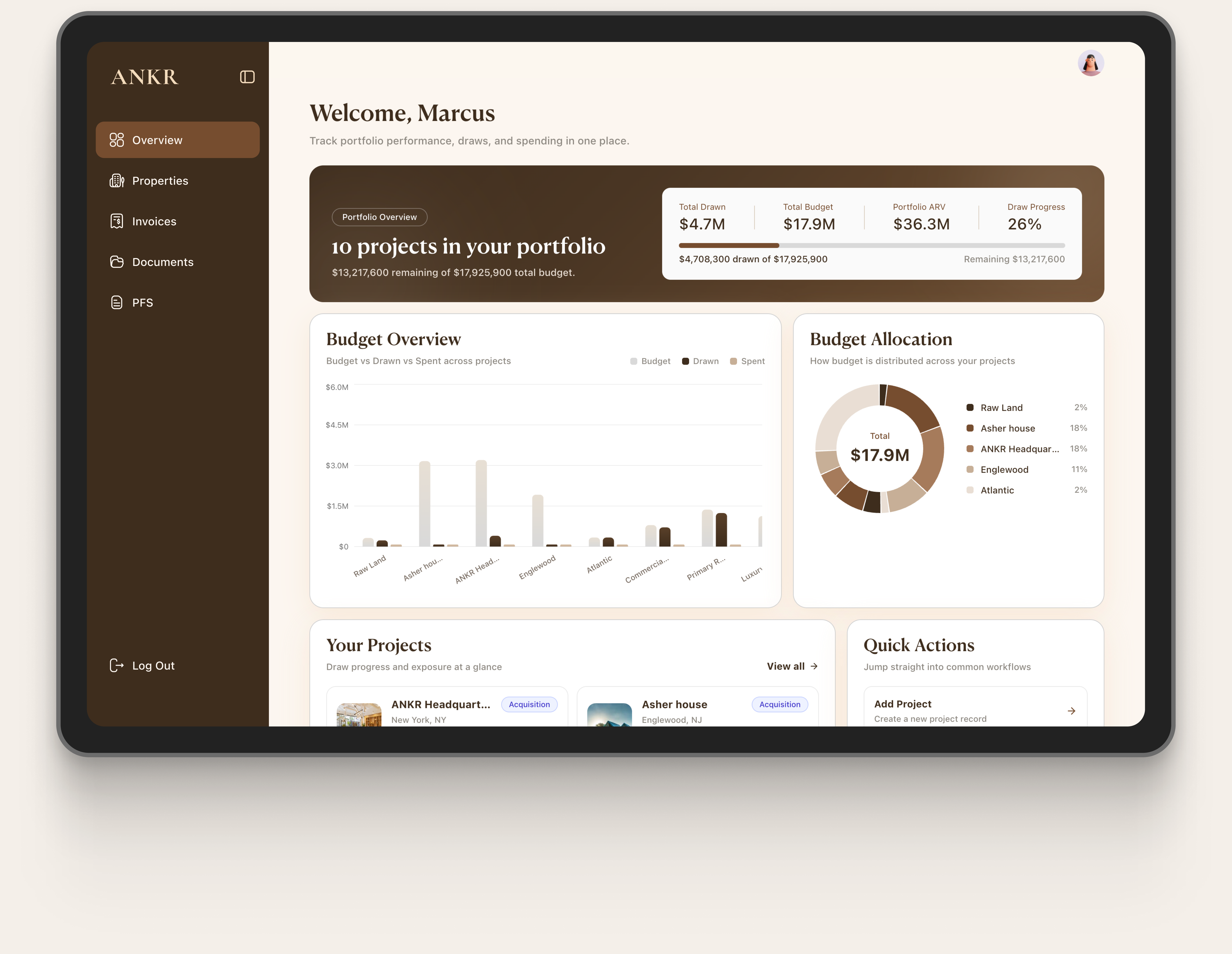 ANKR dashboard — properties, documents, and draw requests in one place
