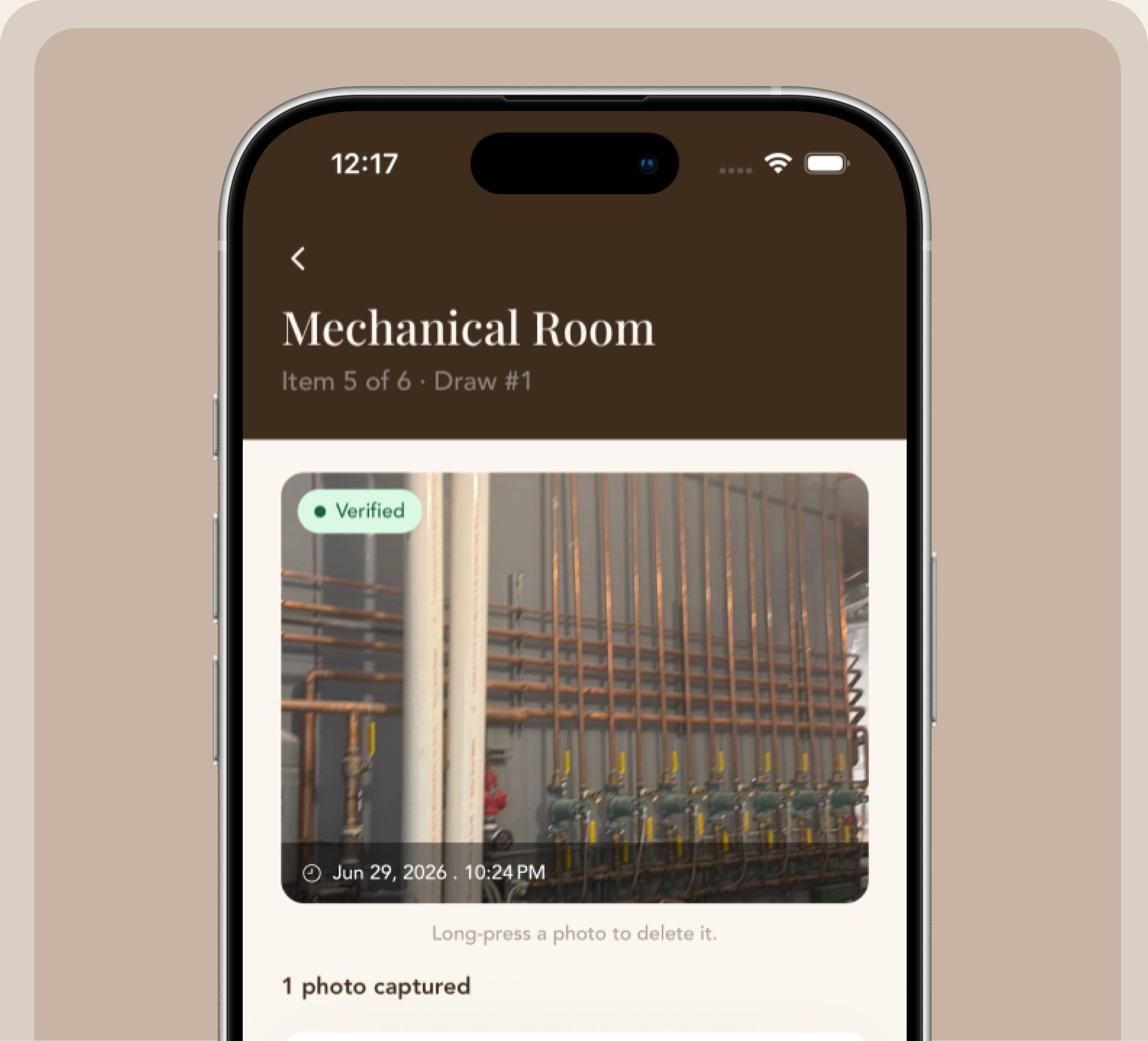 ANKR field verification mobile app showing a verified mechanical room inspection photo.