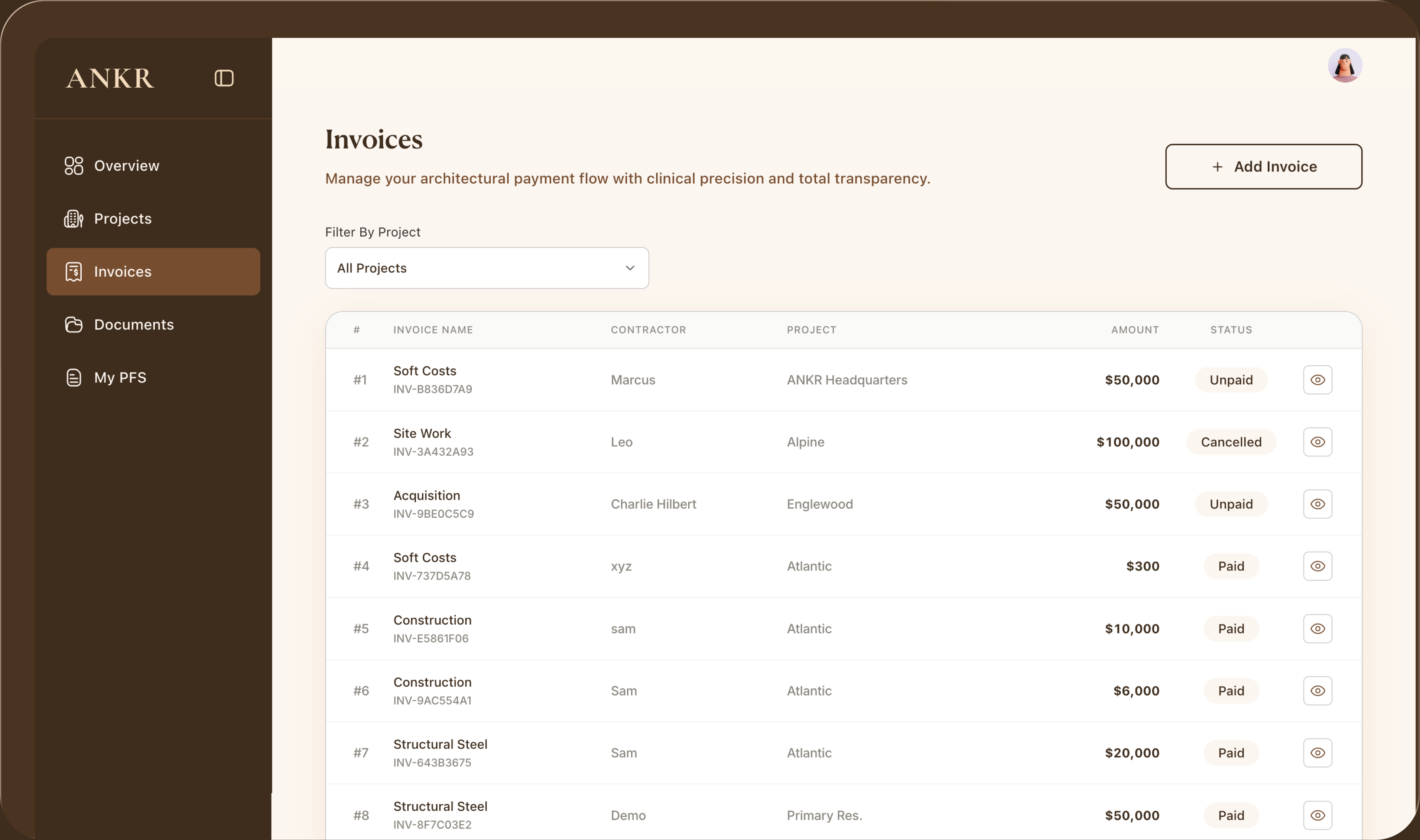 ANKR invoices dashboard showing invoice names, contractors, projects, amounts, and payment statuses.