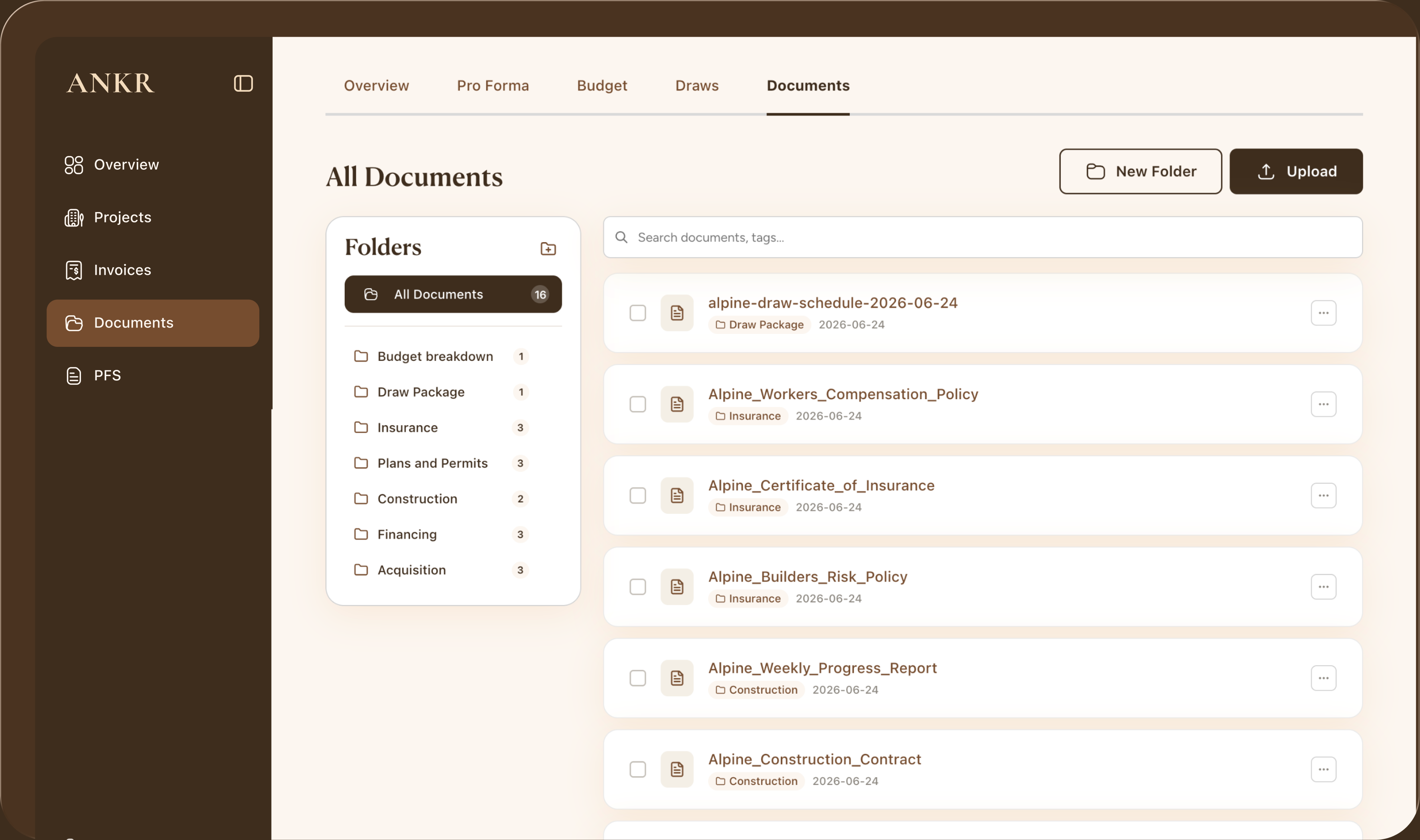 ANKR all documents dashboard with folders, search, upload controls, and project file list.
